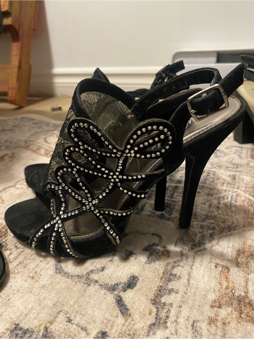 Black Crystal-Embellished Lace High Heel Sandals